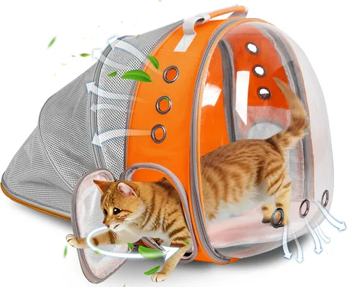 Vista 11 de Mochila expandible para gatos y perros, mochila de viaje para mascotas con ventana de burbujas con malla transpirable, estructura anticolapso, Negro