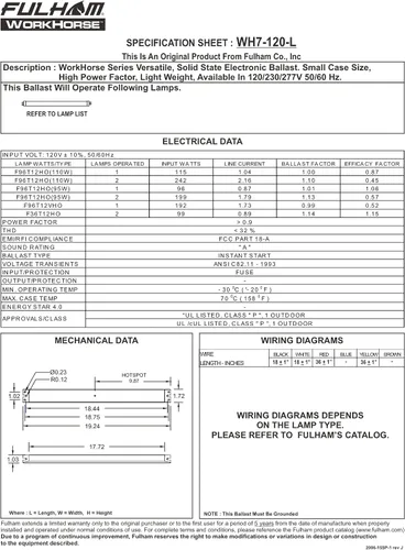 Vista 2 de Fulham Lighting WH7-120-L Workhorse 7 - Balastro fluorescente versátil, 120 V