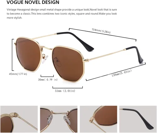 Vista 3 de Hipster. - Lentes de sol polarizados hexagonales para hombre y mujer, diseño geométrico, cuadrados, pequeños, marco de metal vintage, gafas de sol