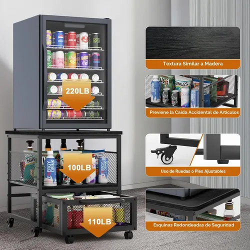 Vista 4 de Mini soporte para refrigerador de 21 x 21 pulgadas con almacenamiento, mini mesa de refrigerador resistente con 4 ruedas bloqueables para cafetería