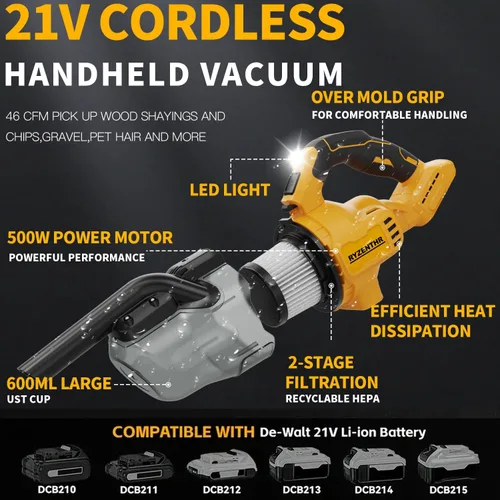 Vista 2 de Aspiradora inalámbrica para batería DE-Walt de 20 V, aspiradora eléctrica de mano 5 en 1 con potente motor de 500 W, aspiradora de mano portátil