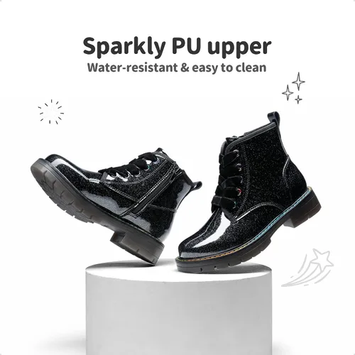 Vista 3 de DREAM PAIRS Botas de tobillo con purpurina para niñas y niños, zapatos de combate con cremallera lateral con cordones (bebéniño pequeñoniño grande)