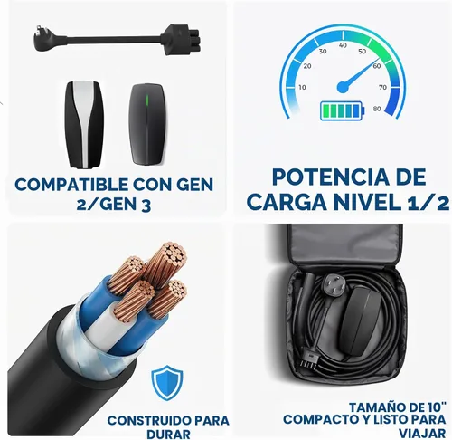 Vista 6 de Adaptador premium para cargador móvil Tesla Gen 2 Conecte a una toma de corriente de 240 V Carga de 12 amperios 10 pulgadas de longitud