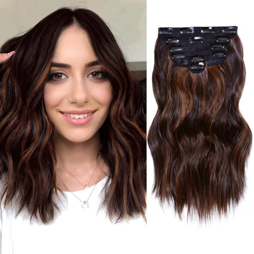 Vista 40 de NAYOO - Extensiones de cabello con clip, extensiones sintéticas onduladas de 20 pulgadas, 6 unidades Wavy Curly Hair, Full Head Coverage, Heat