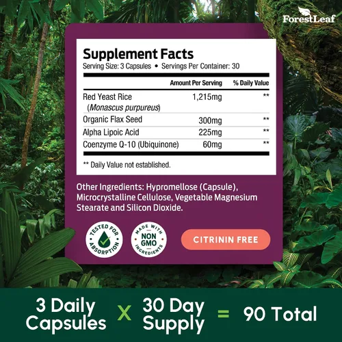 Vista 6 de Arroz de Levadura Roja 1215 mg. Cápsulas – Levadura de Arroz Rojo de Fuerza Extra con Suplemento CoQ10, Más Ácido Alfa Lipoico y Linaza Orgánica