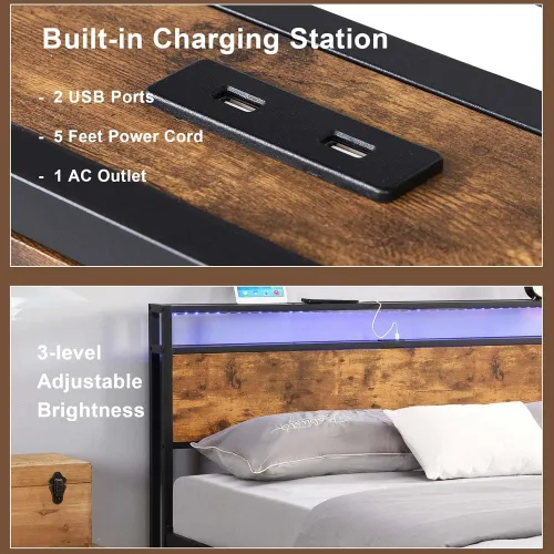 Vista 3 de Base de cama de plataforma de metal de tamaño matrimonial con cabecero y estribo de madera con luces USB y LED, no necesita somier, gran