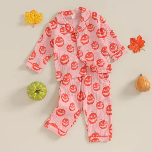 Vista 3 de Pijama de Halloween para bebé niña con diseño de calabaza, satén, con botones, camisa de manga larga, pantalones, conjunto de pijama de Halloween