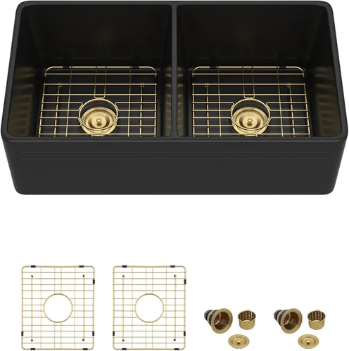 Vista 8 de Dcolora Fregadero de porcelana de cerámica negra de 33 pulgadas, fregadero de cocina frontal con delantal de arcilla refractaria con accesorios
