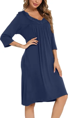 Vista 3 de YYA Nightgowns for Women 34 Sleeve Sleepwear Lace Comfy Sleep Gowns Pleated V Neck Plus Size Nightshirt S-4XL