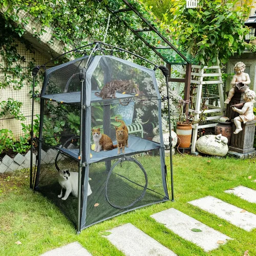 Vista 2 de Cerca para Gatos con Torre y Tienda de Campaña para Gatito y Gato para Interior y Exterior, Jaula para Gatos de 3 Niveles Interior, X-Grande Catio