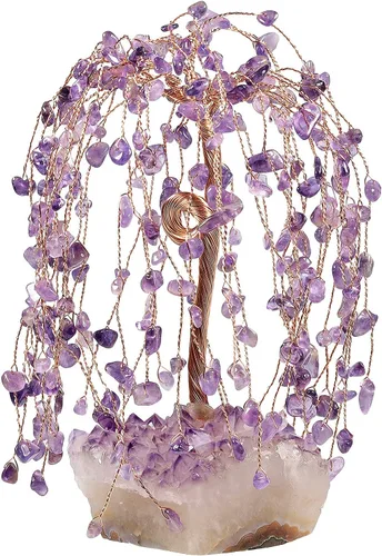Vista 9 de SUNYIK Juego de árbol de dinero de cristal curativo de cuarzo rosa y aguamarina sobre base de racimo de amatista, adorno de Feng Shui, decoración