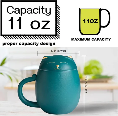 Vista 6 de Liywall - Taza de té de cerámica con infusor y tapa, colador de taza de té de porcelana hecho a mano con diseño de gato con estuche de Verde