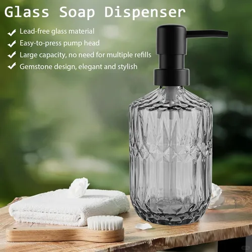 Vista 4 de Dispensador de jabón de vidrio negro de 14 onzas, diseño de diamante gris, botella líquida recargable para encimera, dispensador de loción