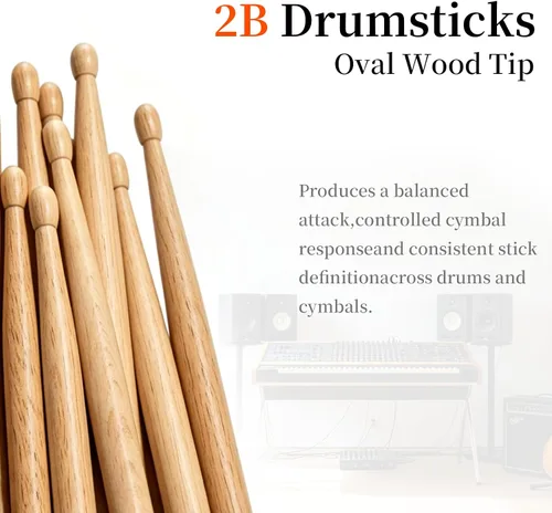 Vista 4 de Baquetas de madera de roble 2B con punta ovalada, 12 pares Durable Heavy Oak Drumsticks for Drums. Classic 2B Size for Metal & Hard rock