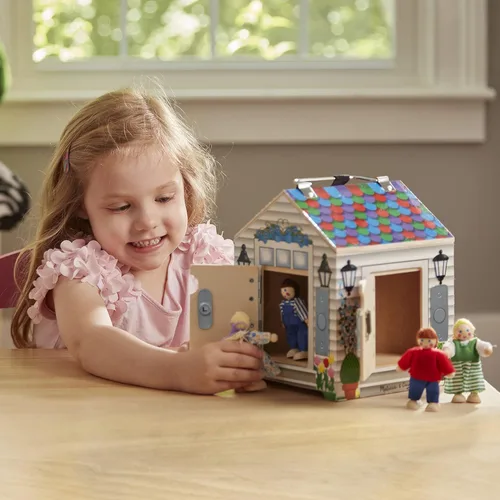 Vista 7 de Melissa & Doug Casa de muñecas de madera con campanilla, para llevar, con sonidos de campanillas, llaves, 4 muñecas de madera que posan
