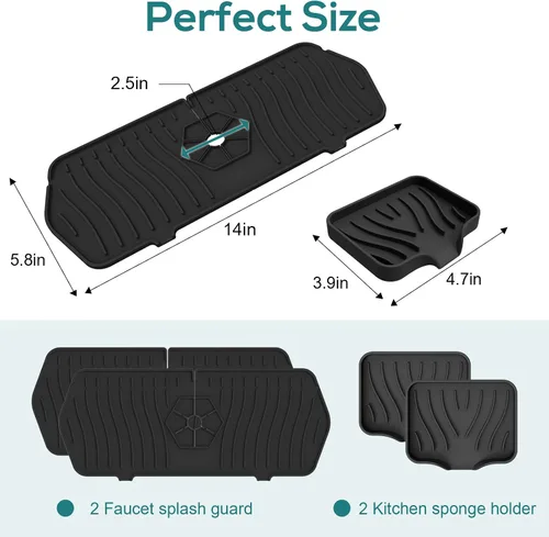 Vista 5 de Protector contra salpicaduras para fregadero de cocina y bandeja de jabón, tapete protector de silicona para grifo, soporte de esponja con boquilla