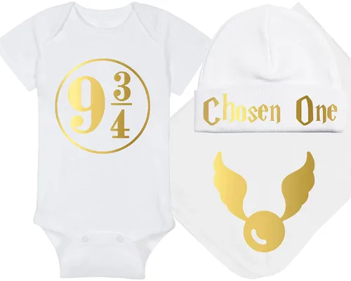 Vista 64 de Sombrero de bebé Wizard - Chosen One (tela negra - diseño dorado)