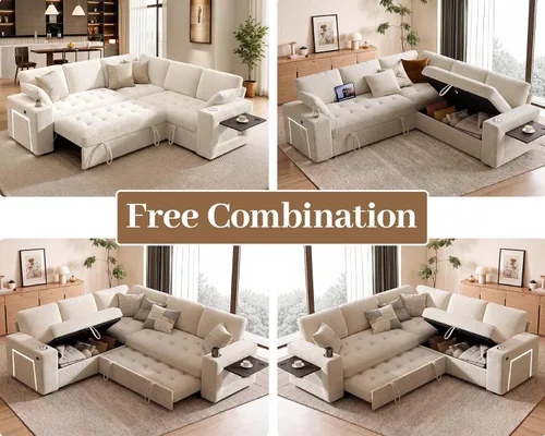 Vista 4 de Sofá modular modular de 86 pulgadas en forma de L, 5 asientos con cama Beige