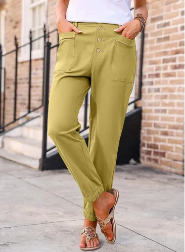 Vista 2 de EVALESS Pantalones casuales para mujer, elásticos, de cintura alta, con botones, pierna recta, holgados, de algodón, con bolsillos