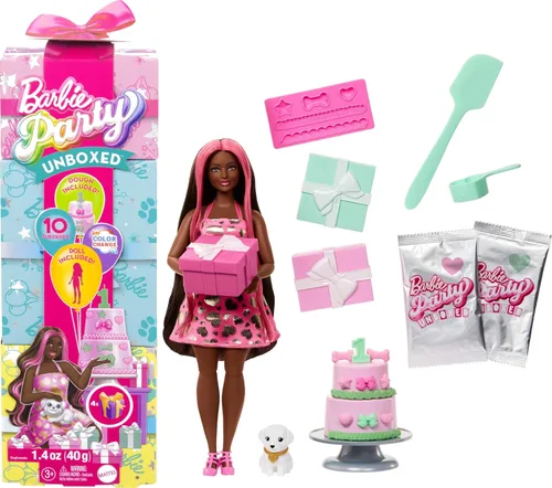 Vista 8 de Muñeca y Accesorios Barbie Party Unboxed, Set de Estrellas de Fiesta de la Serie Cumpleaños de Mascotas con 10 Sorpresas Incluyendo Cambio