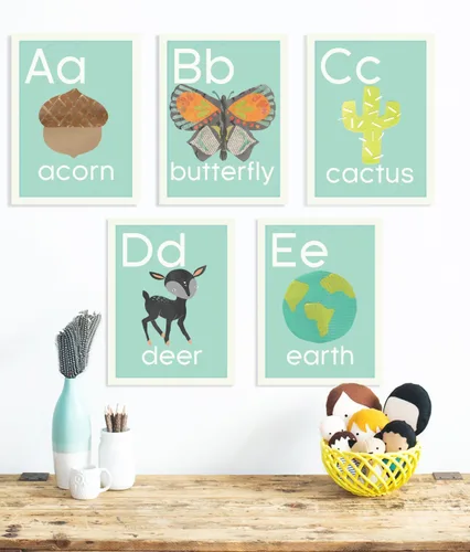 Vista 2 de Tarjetas de pared del alfabeto inglés de 5 x 7, nuestro mundo, temática de la naturaleza, arte de pared para niños, decoración de guardería