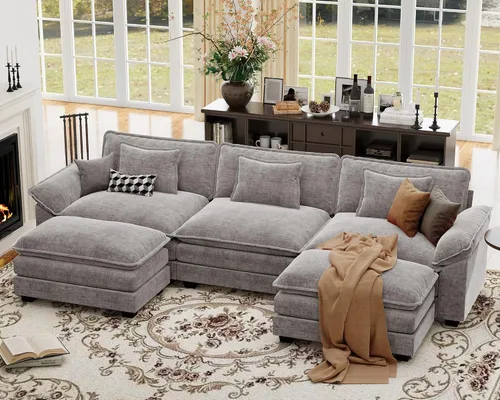 Vista 95 de Sofá modular de gran tamaño de 154 pulgadas, cómodo sofá en forma de U con 3 otomanas móviles, sofá moderno de felpilla de 7 plazas para sala
