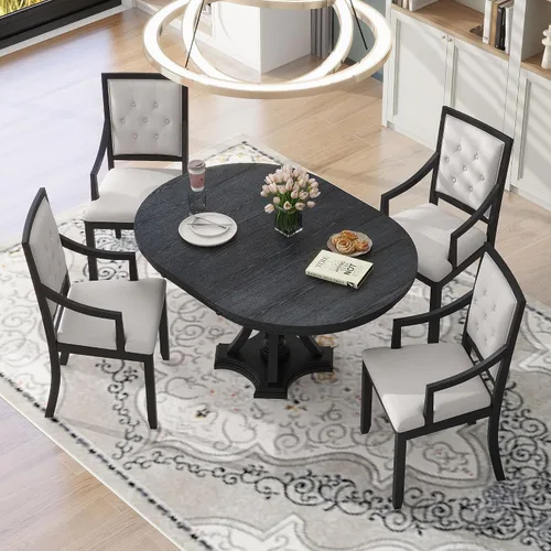 Vista 27 de Farmhouse - Juego de mesa de comedor de 5 piezas, mesa de comedor redonda extensible con 4 cómodas sillas tapizadas, juego de muebles funcionales