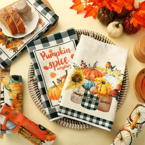 Vista 6 de Ganeen Juego de 6 toallas de mano de Acción de Gracias con texto en inglés «Hello Fall» en blanco y negro, vintage, calabaza, camión, motero