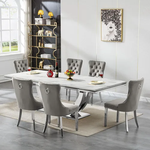 Vista 30 de Mesa de comedor blanca de 68 pulgadas para 4-6, mesa de cocina rectangular moderna con mesa de mármol sintético y base de acero inoxidable plateado