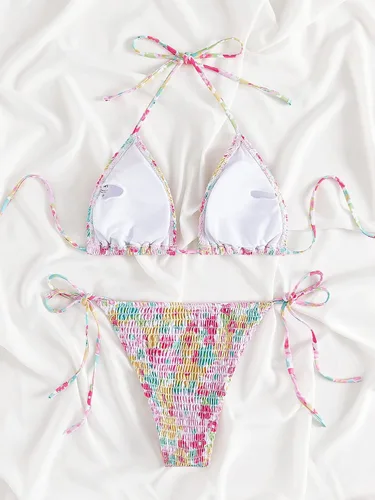 Vista 2 de MakeMeChic Conjunto de bikini de 2 piezas con cuello halter y triángulo para mujer, corte alto, traje de baño