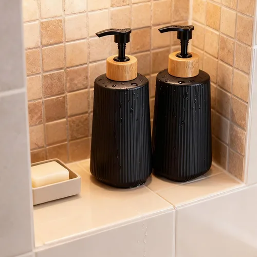 Vista 5 de Dispensador de jabón de vidrio negro, dispensador de jabón de manos de vidrio grueso para baño, botellas de líquido para lavar platos de cocina
