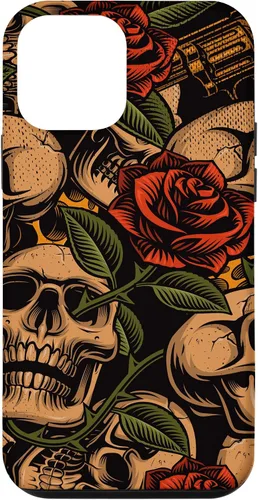 Vista 16 de Funda con diseño de tatuajes de flash tradicional para iPhone 17 con diseño retro rojo de rosas de calavera