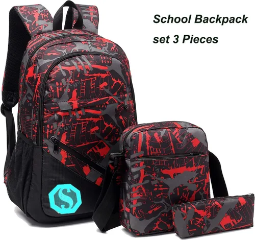 Vista 8 de Mochilas escolares para niños y niñas, juego de mochila para adolescentes, bolsa de hombro y estuche para lápices, B246 Rojo, talla única , Mochilas