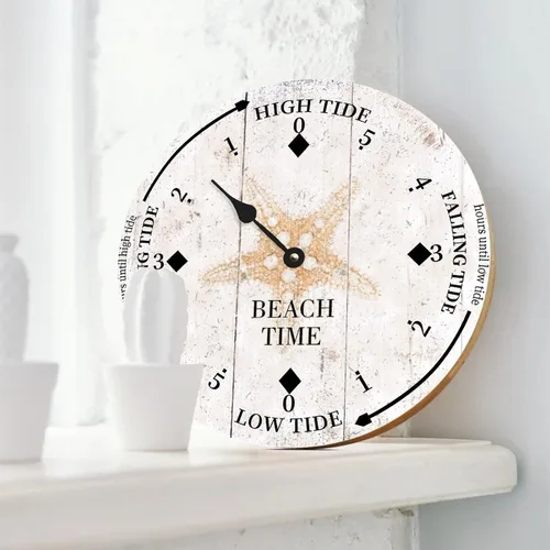 Vista 3 de Reloj de marea de madera rústica, reloj de marea con estrellas de mar, reloj de luna, silencioso, sin tictac, funciona con pilas, reloj de pared