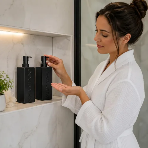 Vista 3 de dispensador rectangular de resina premium para cuarto de baño, para champú, acondicionador, loción corporal, diseño moderno recargable con bomba