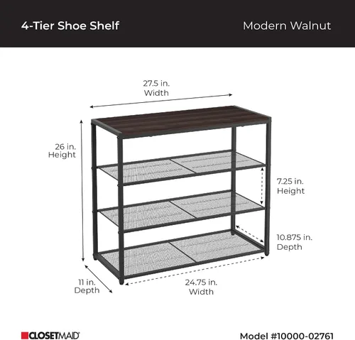 Vista 3 de ClosetMaid Zapatero de 4 niveles, organizador de almacenamiento, con estante superior de madera, 3 estantes de malla metálica, para 12 pares