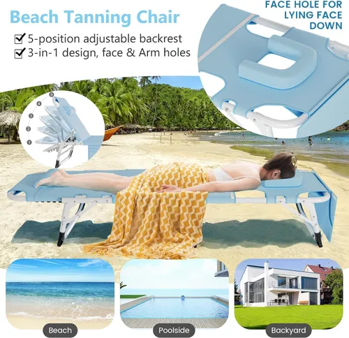 Vista 5 de H&ZT Silla de salón plegable con abertura para la cara – Silla reclinable ajustable para bronceado al aire libre con colchón, silla de sol