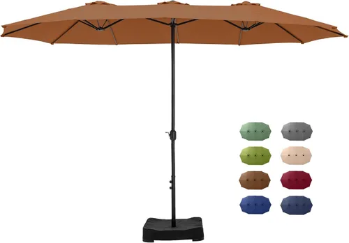 Vista 13 de GREEN PARTY Sombrilla de patio rectangular de 15 pies con base incluida, sombrilla de mesa de doble cara con manivela, sombrillas grandes