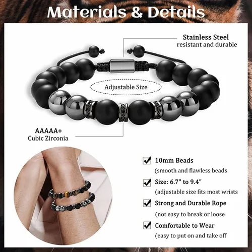 Vista 3 de putouzip Pulsera de cuentas de cuerda trenzada de obsidiana natural, regalos para mi hombre, hijo, nieto, novio, marido, papá, hermano, aniversario