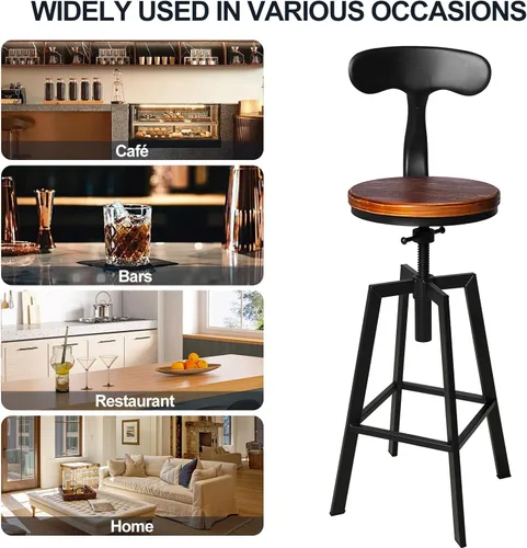 Vista 5 de Juego de 2 taburetes de bar industriales con respaldo, asiento giratorio de madera, altura ajustable, 25-32 pulgadas, taburete de isla de cocina