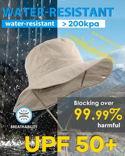 Vista 4 de Sombrero de lluvia impermeable de ala ancha para mujeres y hombres UPF50+ Beige