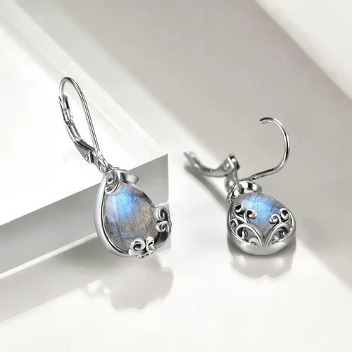 Vista 4 de POPLYKE - Aretes colgantes de plata de ley con forma de lágrima de lágrima celta de piedra lunar