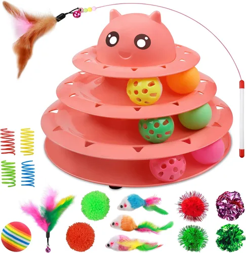 Vista 17 de UPSKY Juguete Rodillo para Gatos Tornamesa de 3 Niveles Juguete para Gatos con Pelotas con Seis Pelotas Coloridas Juguetes Interactivos para Gatitos