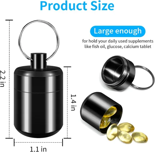 Vista 2 de Llavero pastillero - Organizador de pastillas pequeño, pastillero impermeable, llavero portátil con anillo para bolso (negro)