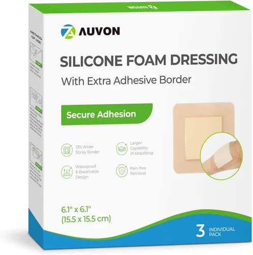 Vista 11 de AUVON Apósito de espuma de silicona con borde adhesivo grande, 3 x 3 pulgadas, 10 paquetes de vendajes para heridas con alta absorbencia, apósitos