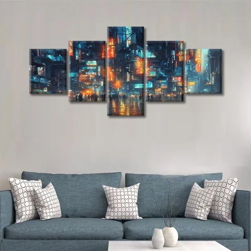 Vista 221 de Cuadros de 5 paneles de Cyberpunk City, arte de pared, representación de vallas publicitarias, edificios modernos en la capital con obras de arte