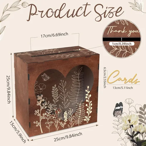 Vista 3 de Caja de tarjetas de boda marrón OurWarm para recepción con ventana acrílica en forma de corazón, caja de regalo de madera para boda