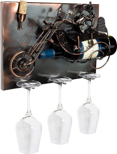 Vista 2 de BRUBAKER Soporte para botella de vino 'Couple on Motorbike' - Montaje en pared con 3 soportes de vidrio - Arte de pared - con tarjeta de felicitación