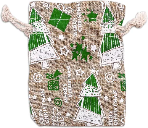 Vista 39 de 48 paquetes de 3x4 bolsas de regalo reutilizables de yute y arpillera con cordones (Feliz Navidad, X-Pequeño) - para regalos, favores de fiesta