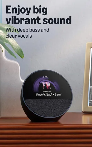 Vista 5 de Amazon Echo Spot: ideal para mesitas de noche, oficinas y cocinas, incluye despertador inteligente con Alexa (negro)